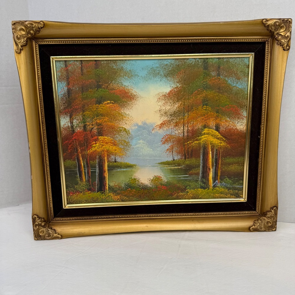 Vintage Anton Signed Autumn Landscape Oil Painting Ornate Gold Frame 18x15